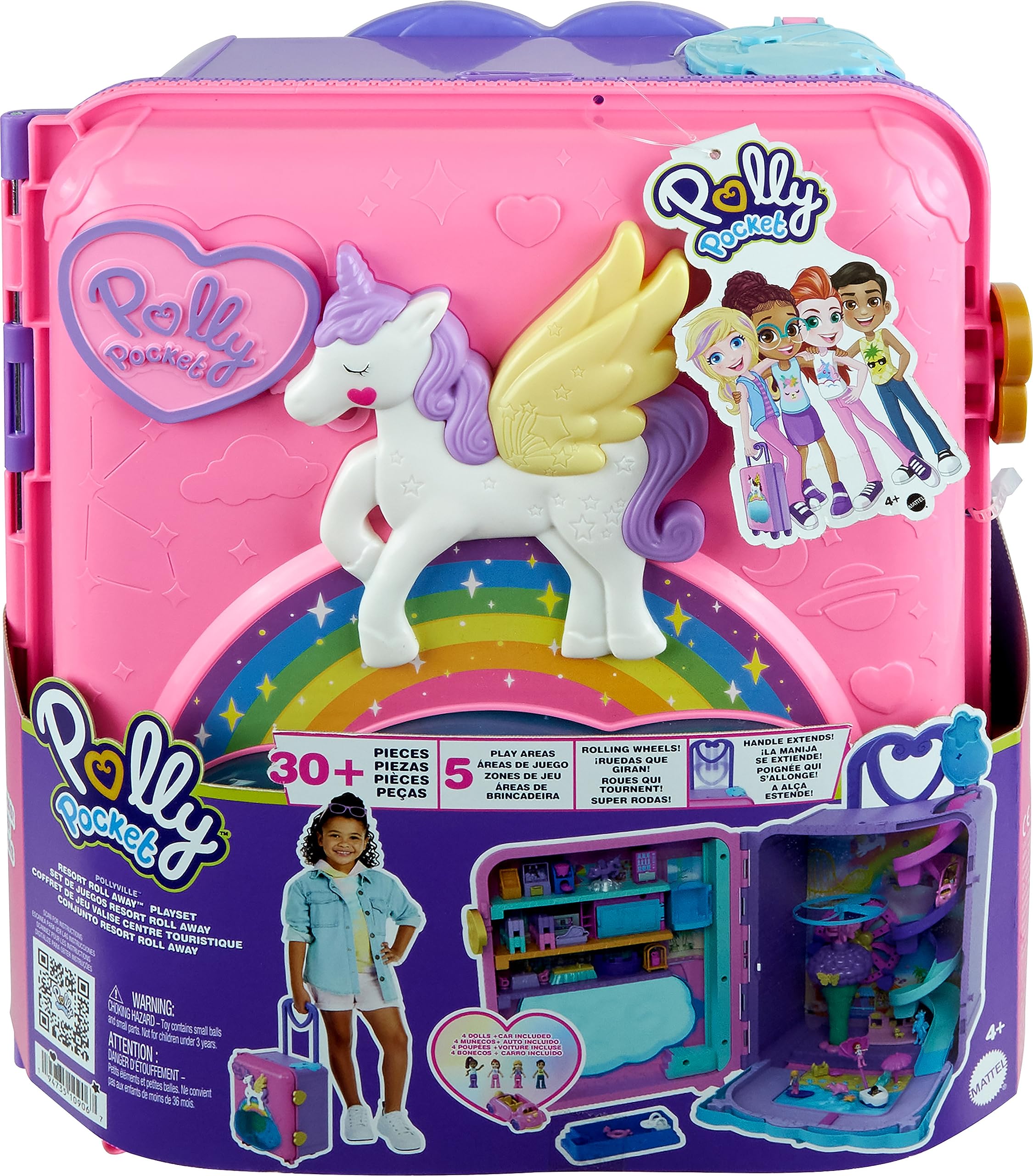 Polly Pocket Dolls, Playset and Travel Toys, 4 Dolls, 1 Vehicle, 25+ Accessories, Resort Roll Away (Amazon Exclusive) - Image 4