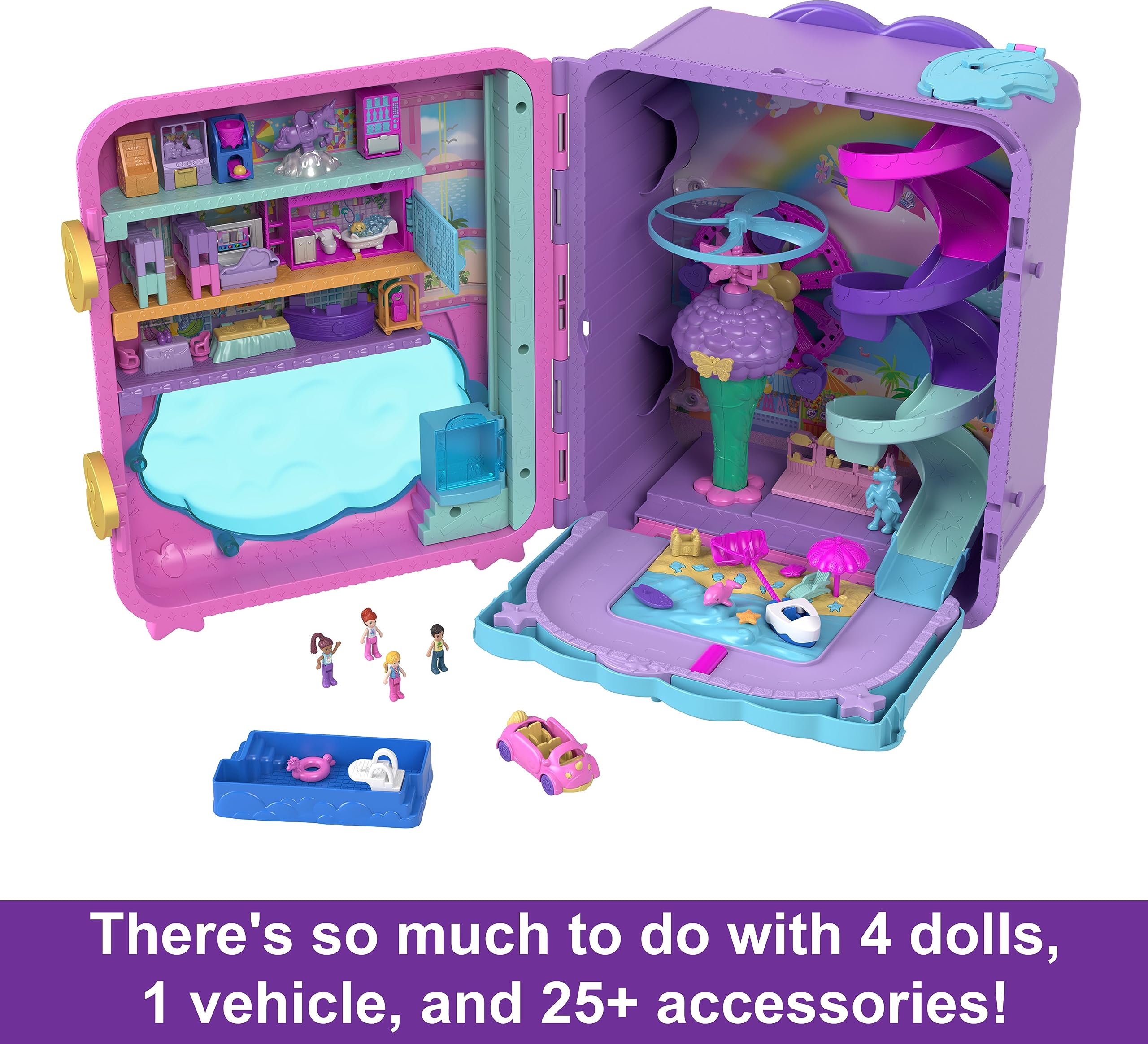 Polly Pocket Dolls, Playset and Travel Toys, 4 Dolls, 1 Vehicle, 25+ Accessories, Resort Roll Away (Amazon Exclusive) - Image 6