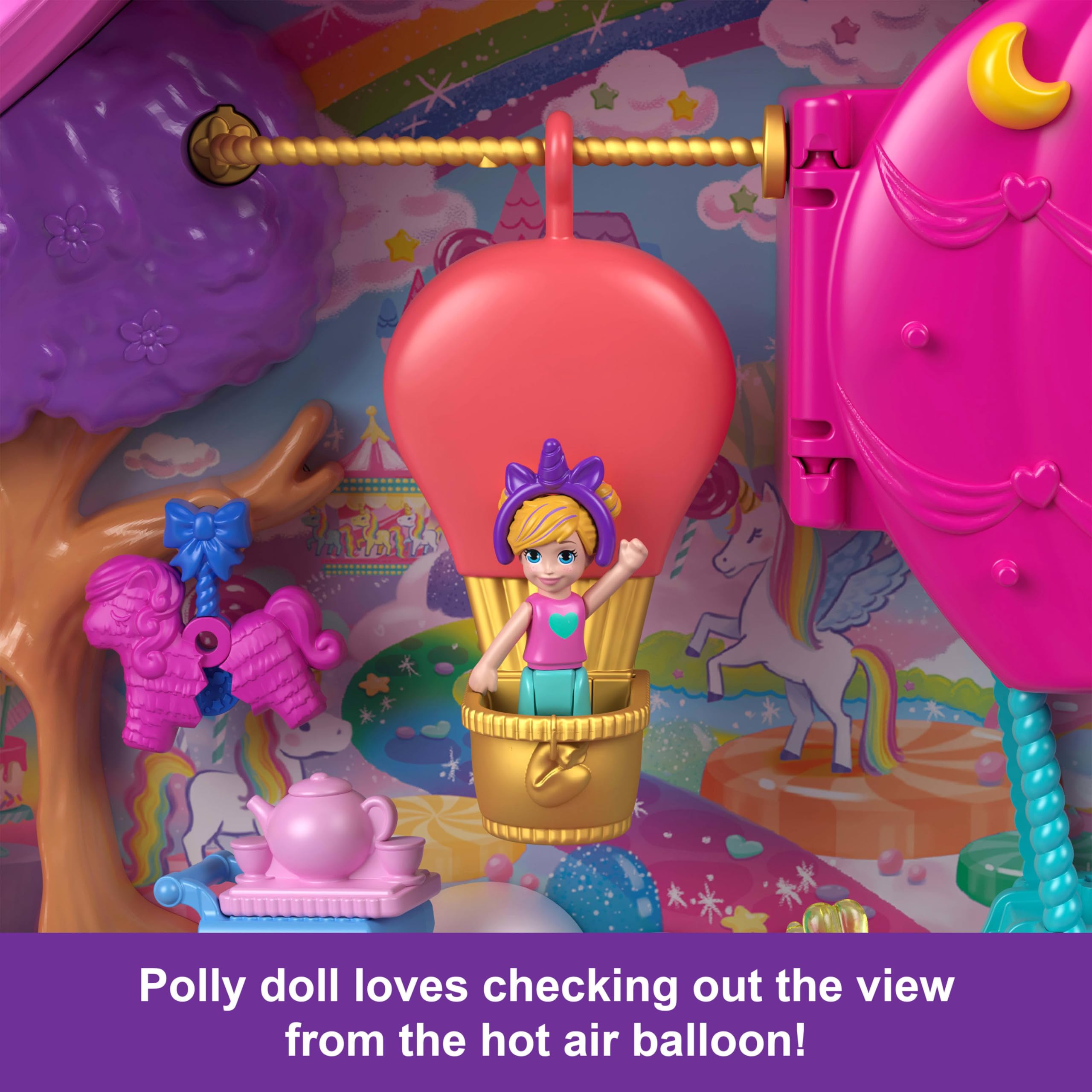 Polly Pocket Dolls & Playset with Pets & 25+ Surprise Accessories, Birthday Celebration Unicorn Partyland Playset, Hot Air Balloon Ride - Image 4