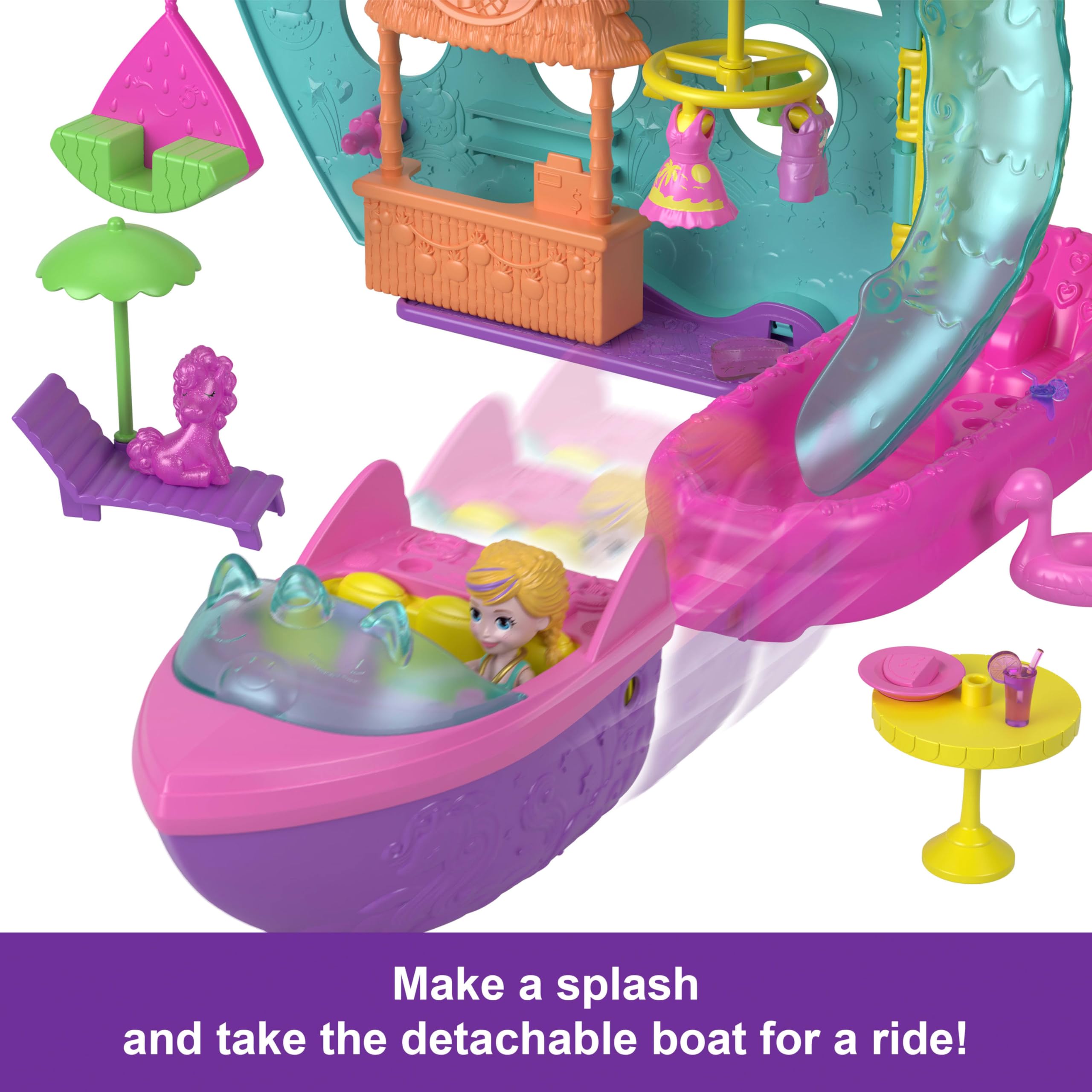 Polly Pocket Portable Boat Playset with Water Play and Color Change Accessories, Unicorn Dream Cruise Includes 1 Doll and 23 Total Pieces (Amazon Exclusive) - Image 5