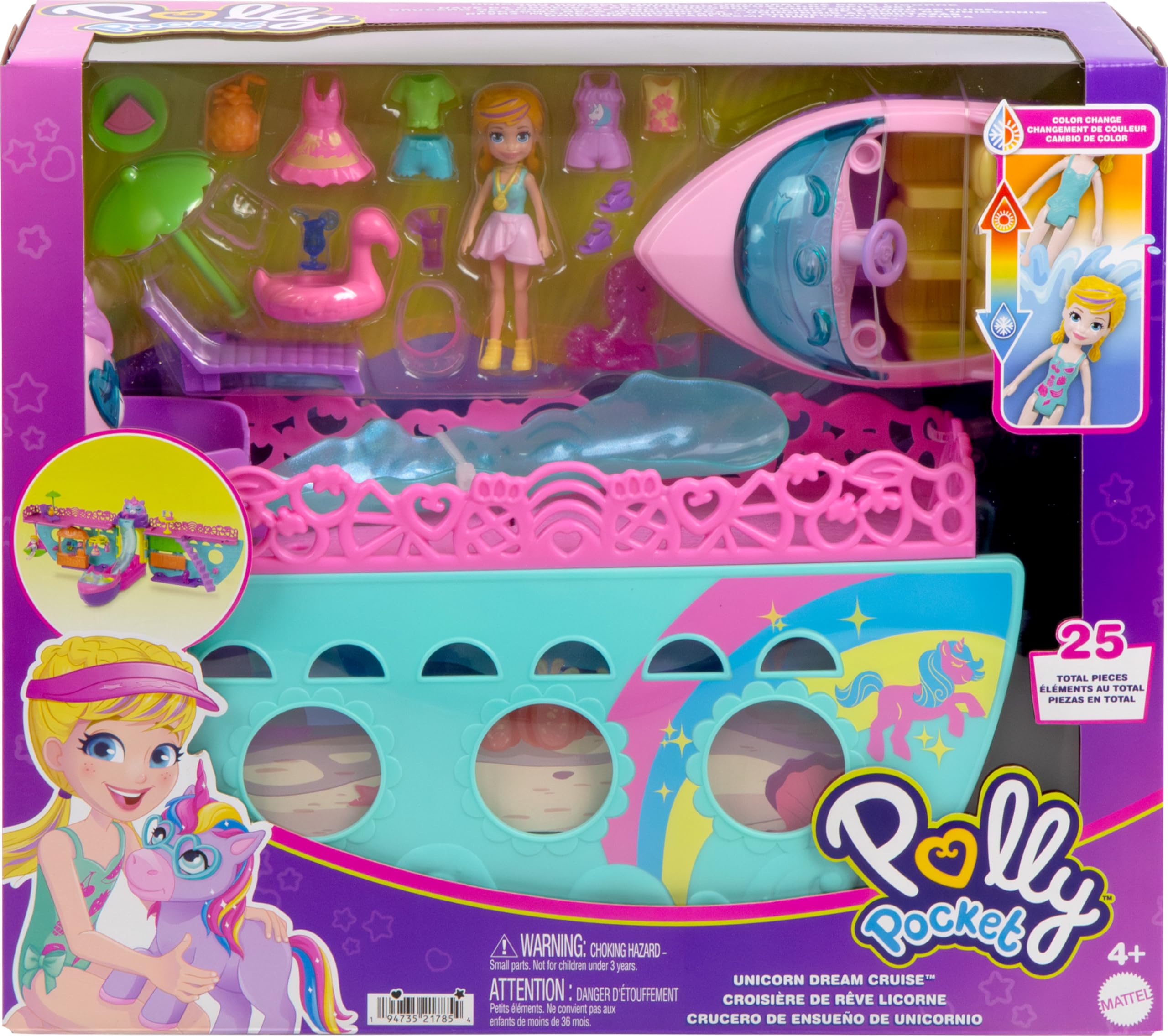 Polly Pocket Portable Boat Playset with Water Play and Color Change Accessories, Unicorn Dream Cruise Includes 1 Doll and 23 Total Pieces (Amazon Exclusive) - Image 6