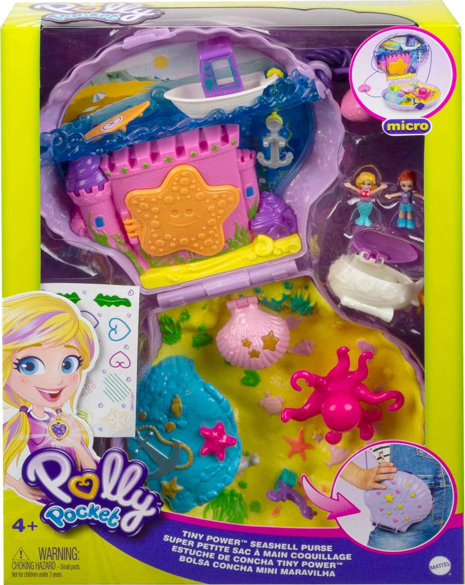 Polly Pocket Tiny Power Seashell Purse Compact with Wearable Strap, Fun Under-the-Sea Features, Micro Polly and Lila Mermaid Dolls, 2 Accessories & Sticker Sheet; 4 Years Old & Up (Amazon Exclusive) - Image 6
